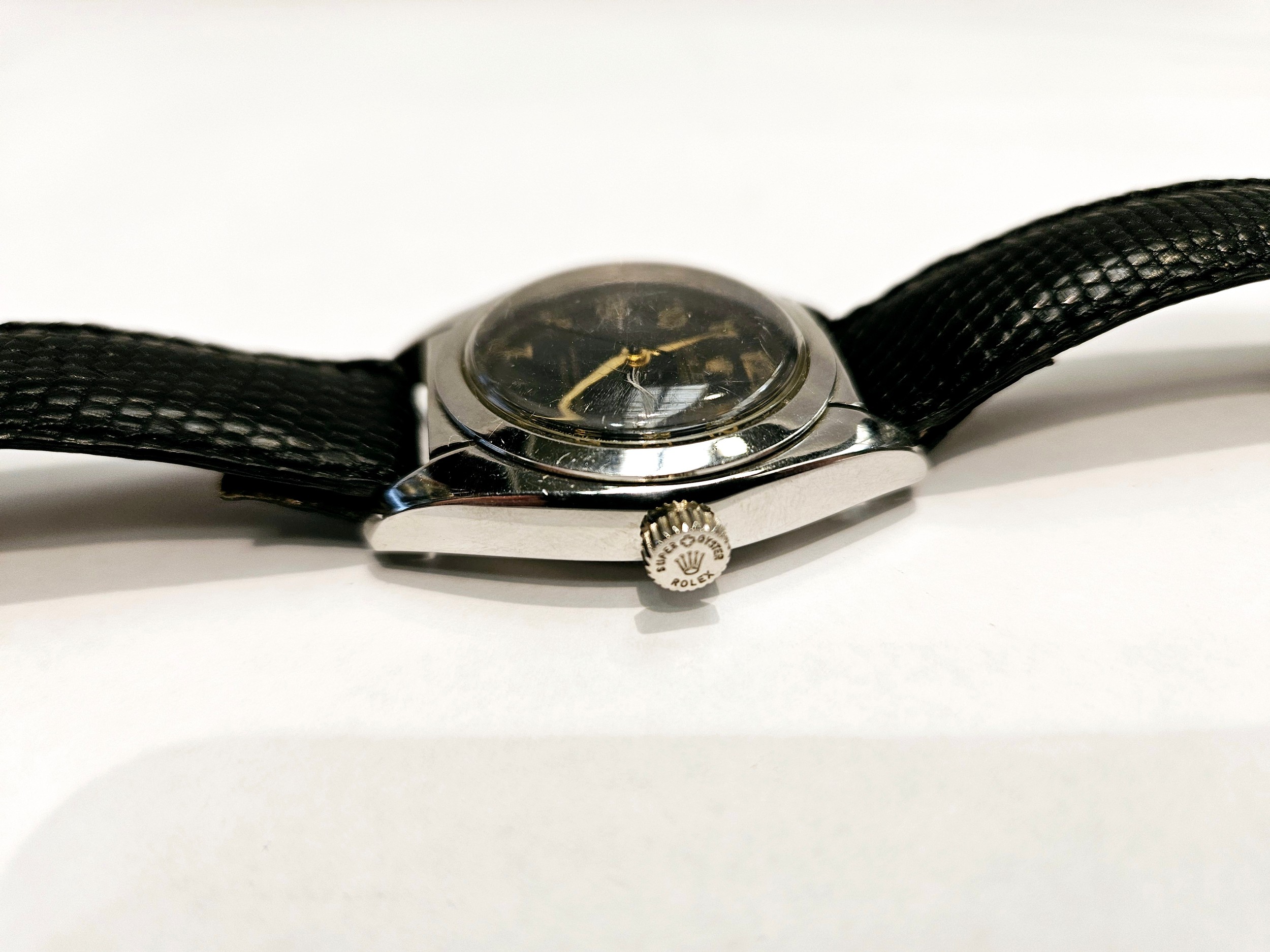 Circa 1950s Rolex Oyster Perpetual with black dial and bubble back, No. 5015, 545383 on leather - Image 7 of 7