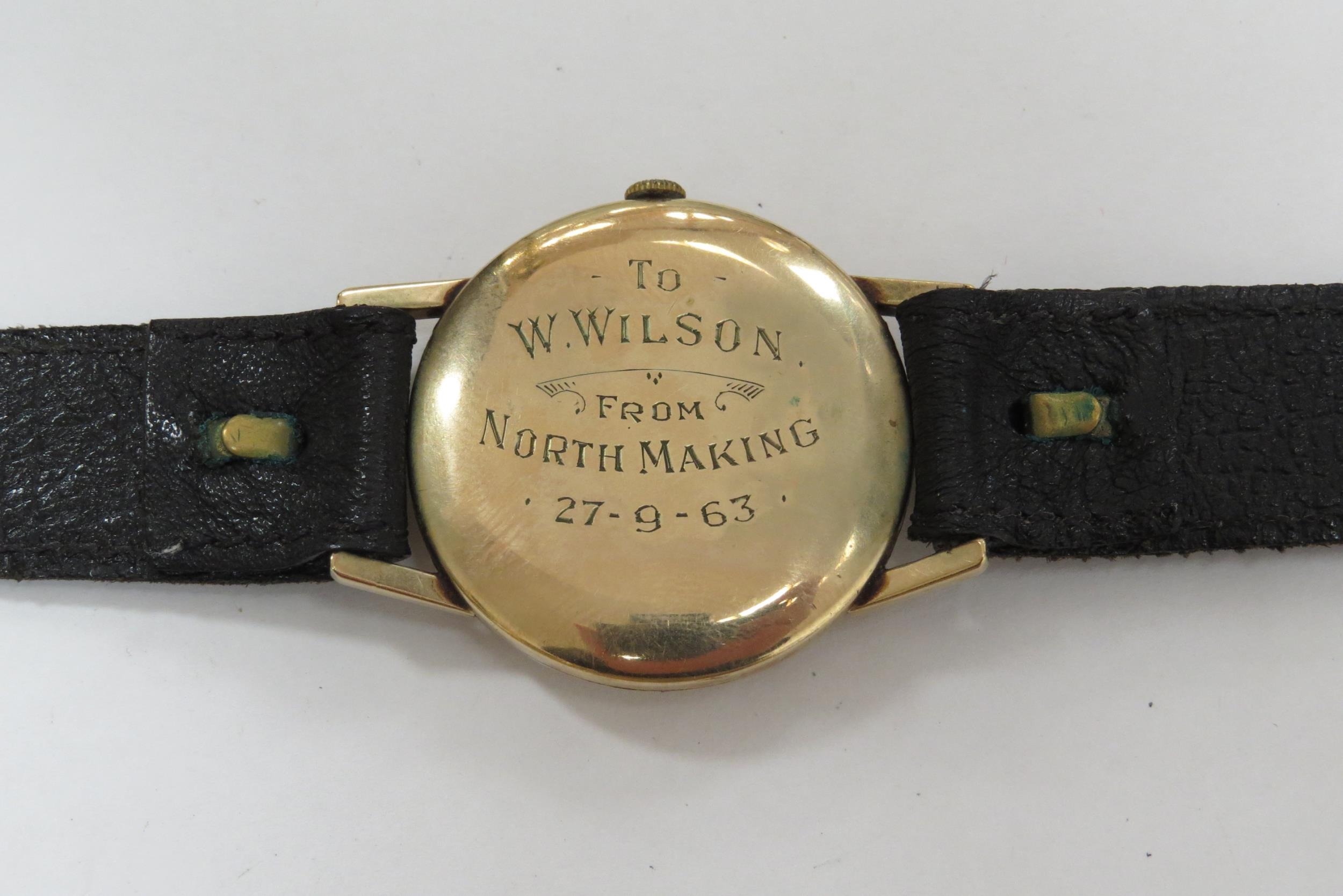 WITHDRAWN:A Roamer Premier Incabloc wristwatch with presentation to back reading: 'To W. Wilson - Image 3 of 5