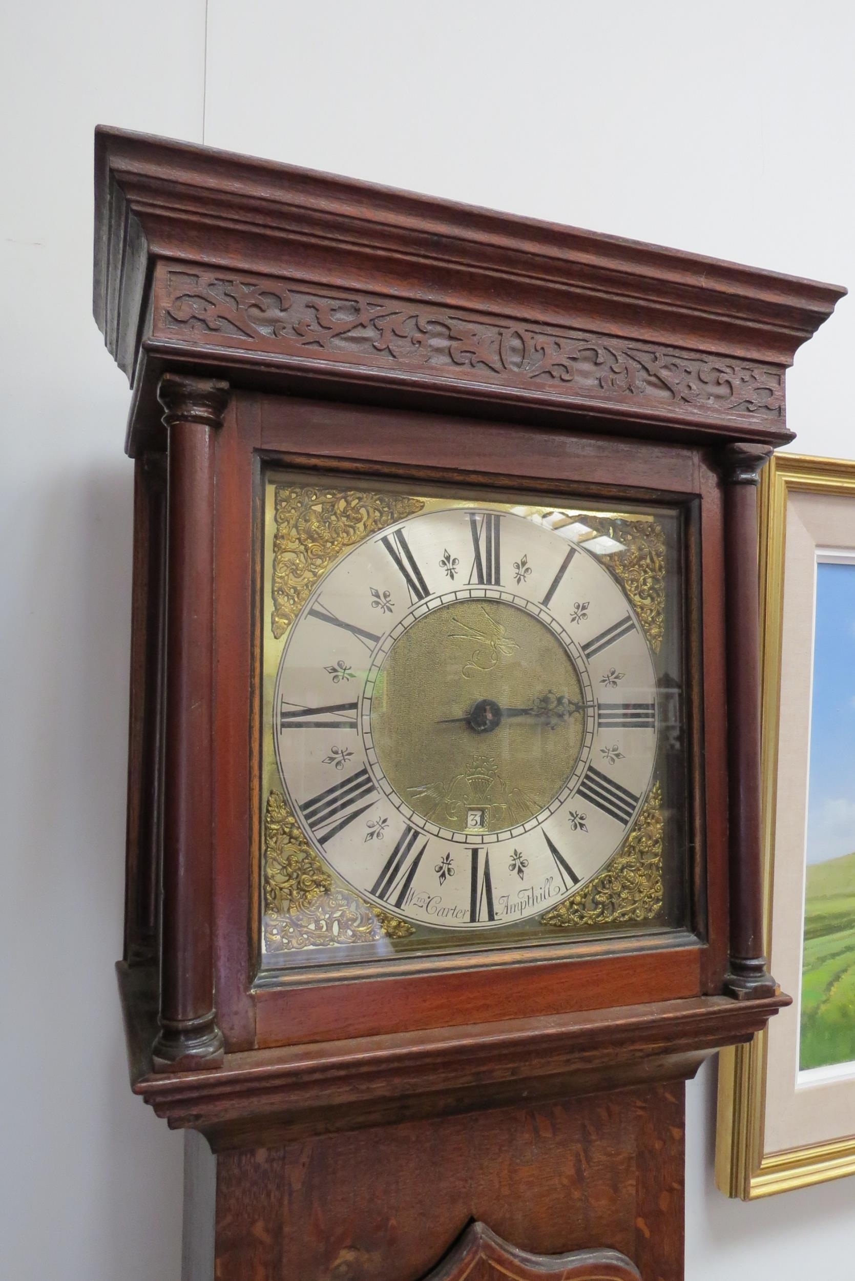 An 18th Century 30-hour longcase clock in oak case. Brass 11" dial with mask spandrels and Roman - Image 4 of 4