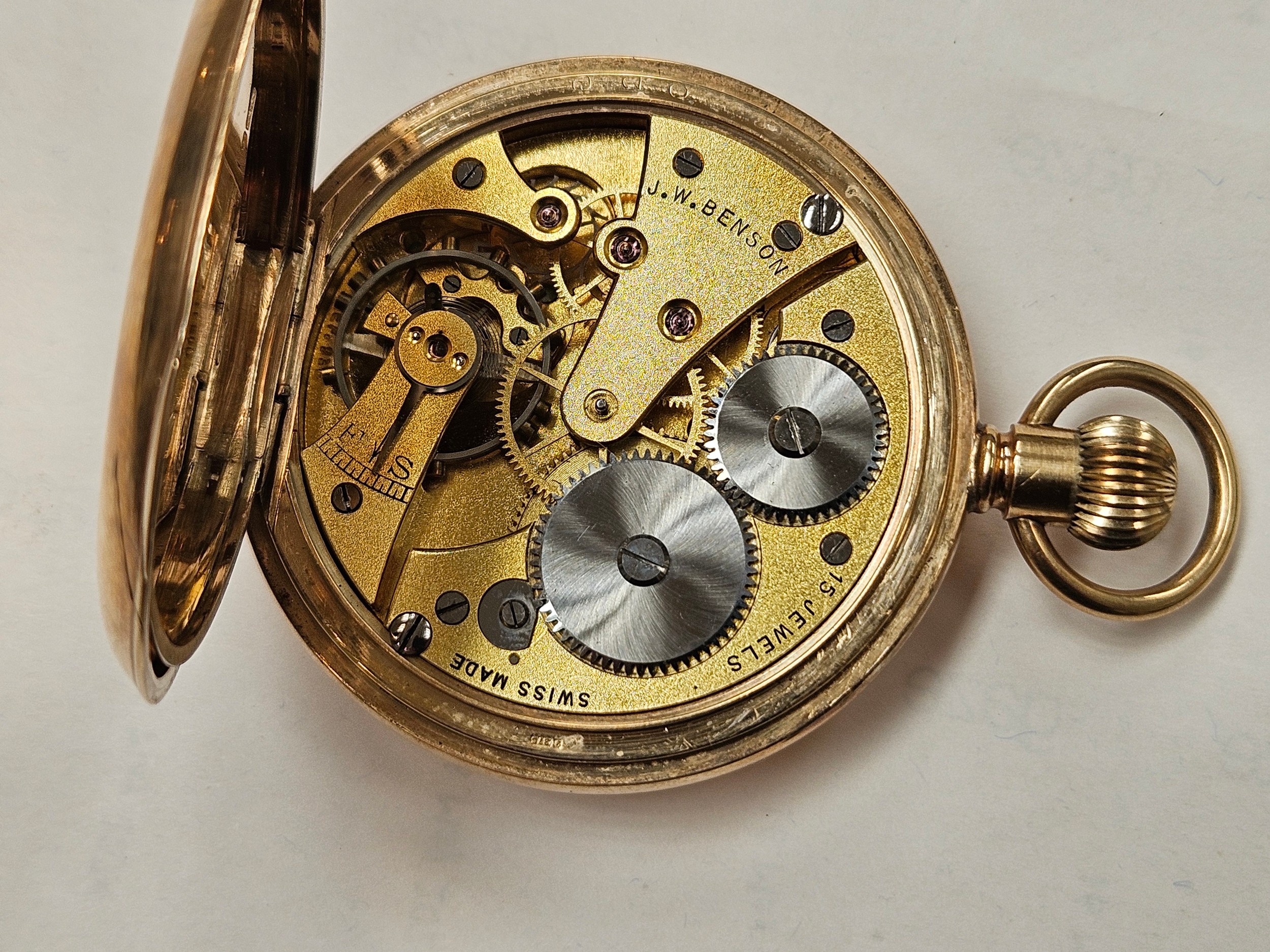 A J W BENSON, London 9ct gold cased half hunter pocket watch, white dial, Roman numerals, subsidiary - Image 7 of 7