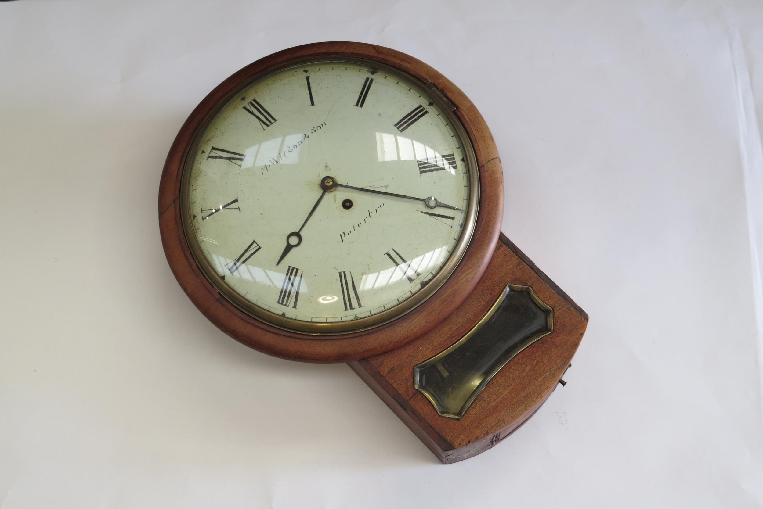 A Georgian M Wilson & Son, Peterborough single fusee drop dial wall clock, dial shows flaking. 12