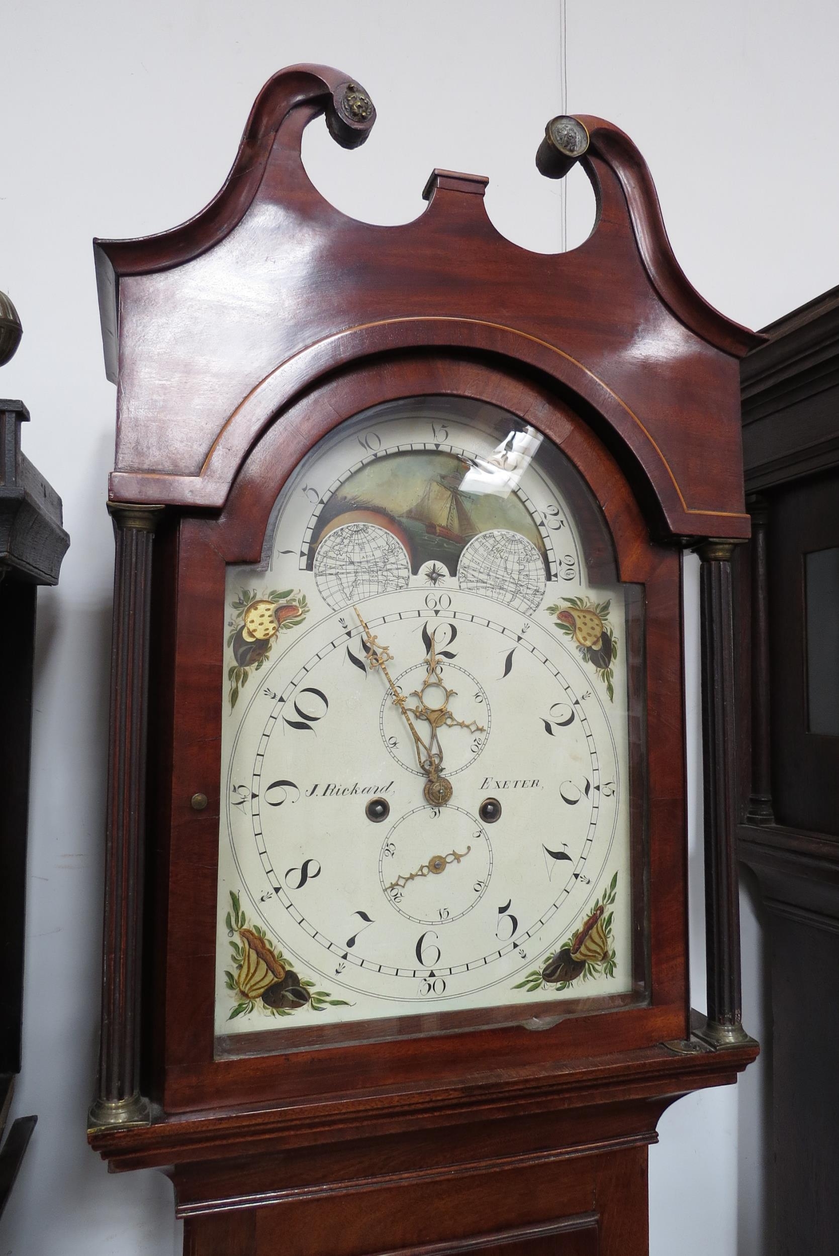 A 19th Century mahogany long case clock, J Rickard, Exeter to face, painted face with arched - Image 6 of 8