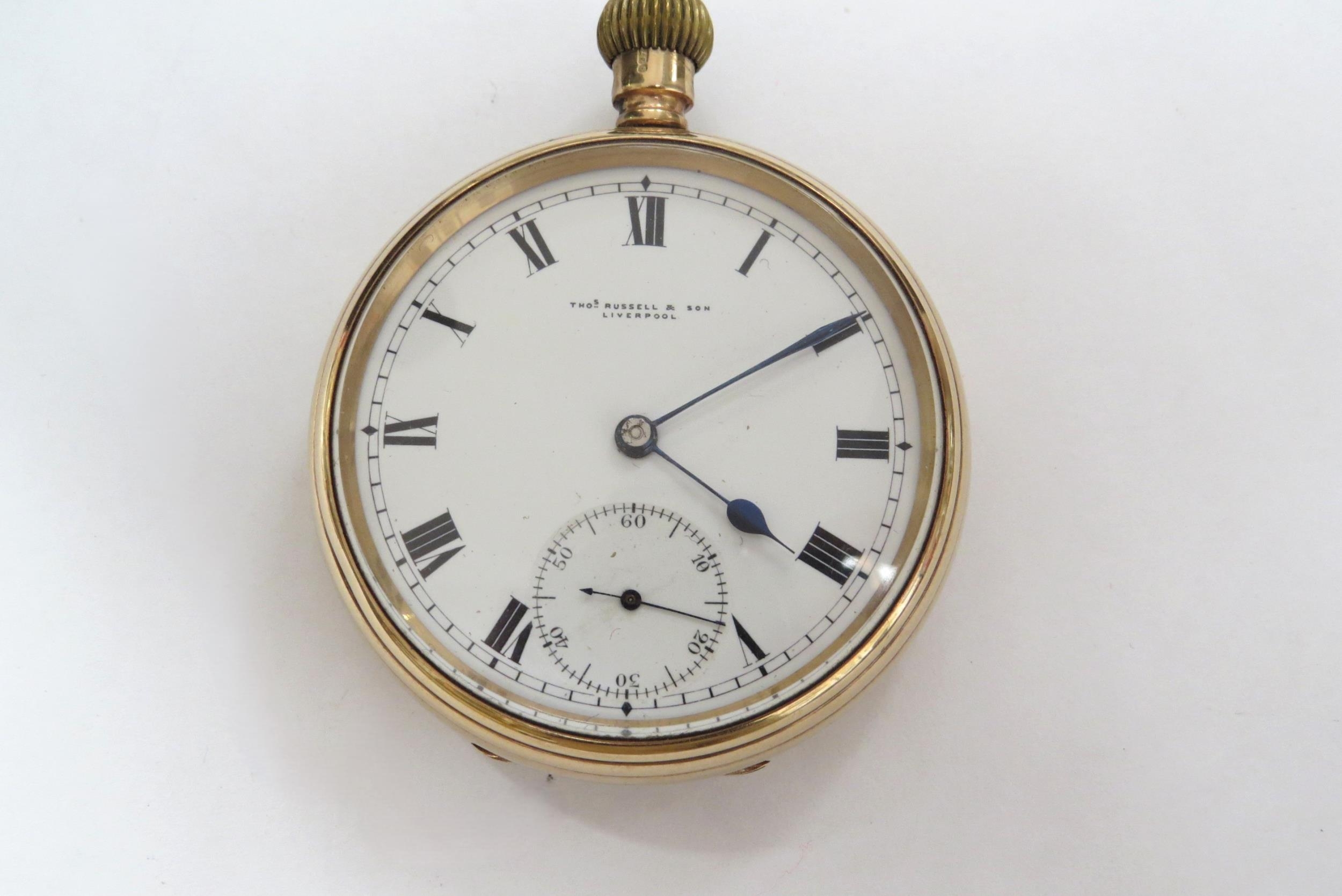 A gold cased Thos. Russell & Sons, Liverpool pocket watch, case stamped 375, with a yellow metal - Image 2 of 4