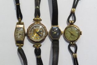 Four 9ct gold cased ladies wristwatches with leather straps including brands such as Imado and
