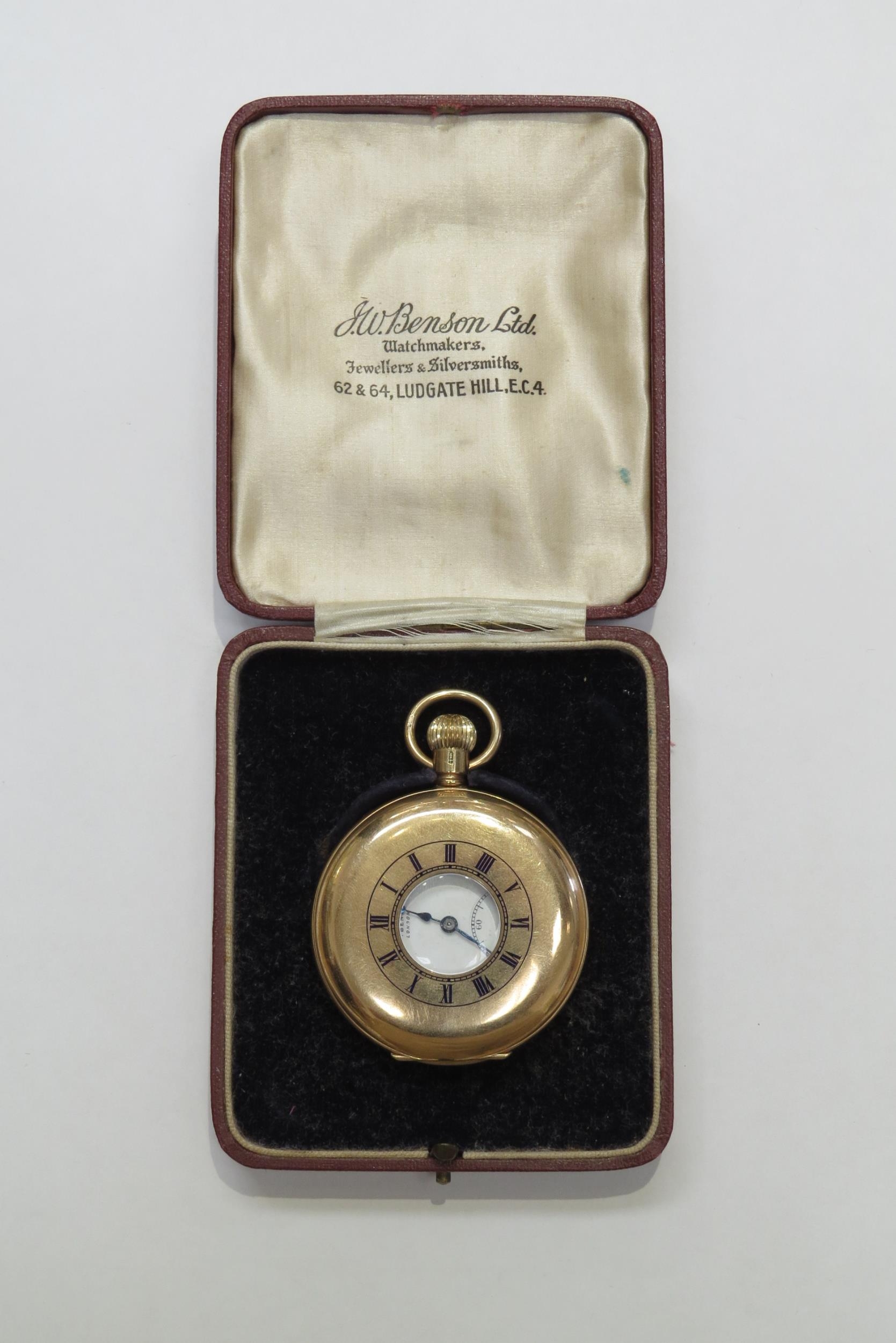 A J W BENSON, London 9ct gold cased half hunter pocket watch, white dial, Roman numerals, subsidiary - Image 2 of 7