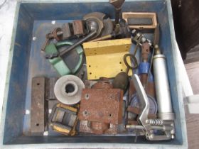 Tin box containing varius assorted lab/workshop items, burners, vices, grease gun