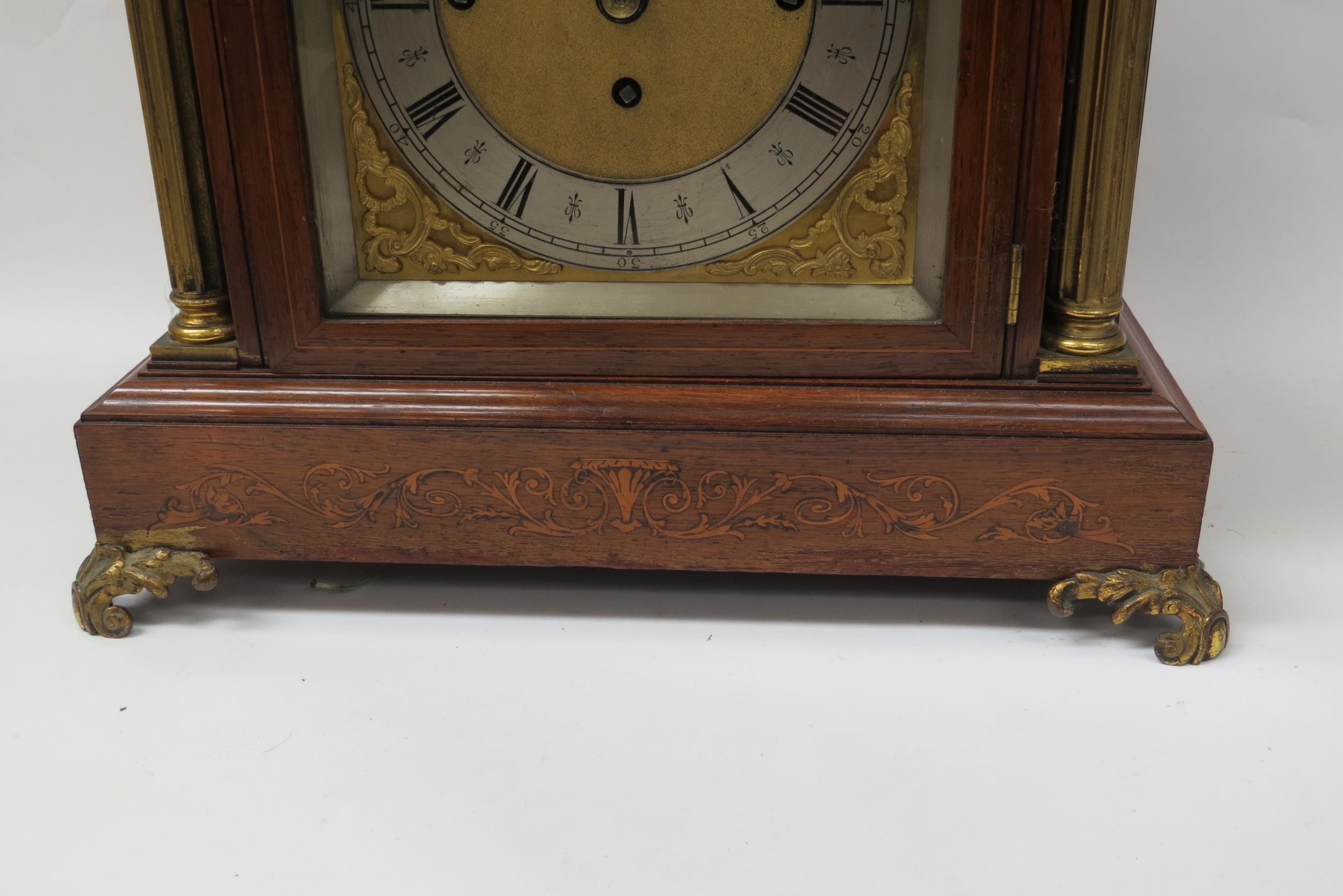 A late 19th Century oak and inlaid bracket clock with silvered Roman chapter ring over gilded - Image 3 of 10