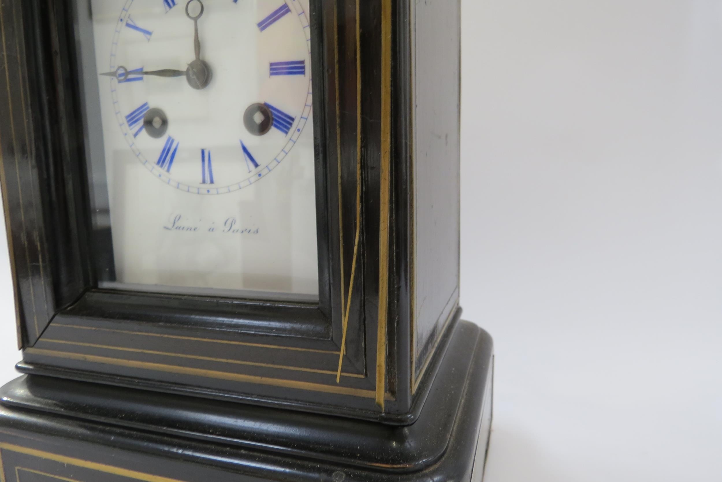 Laine a Paris two train mantel/bracket clock striking on a bell in mahogany and brass inlaid case, - Image 4 of 9