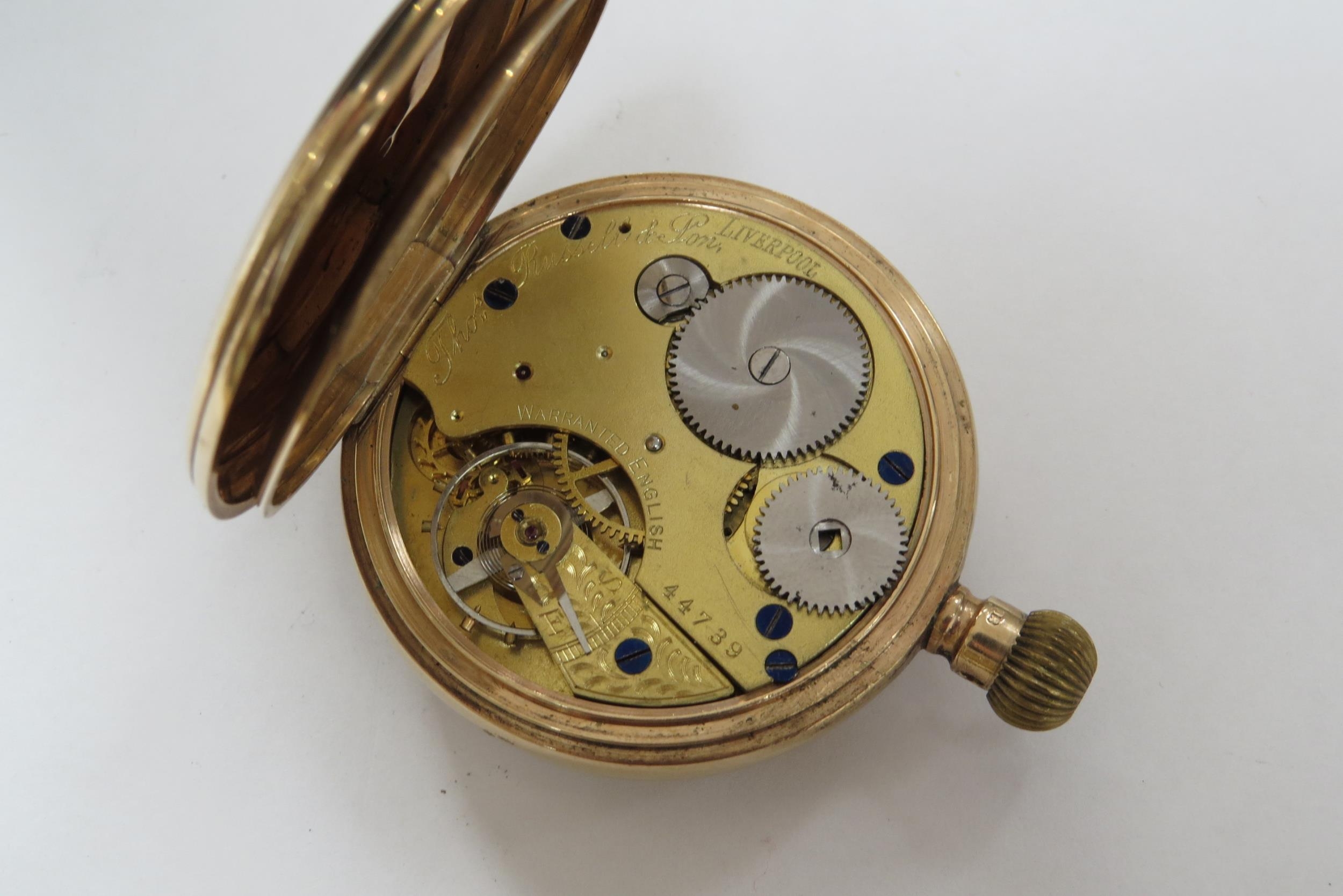 A gold cased Thos. Russell & Sons, Liverpool pocket watch, case stamped 375, with a yellow metal - Image 3 of 4