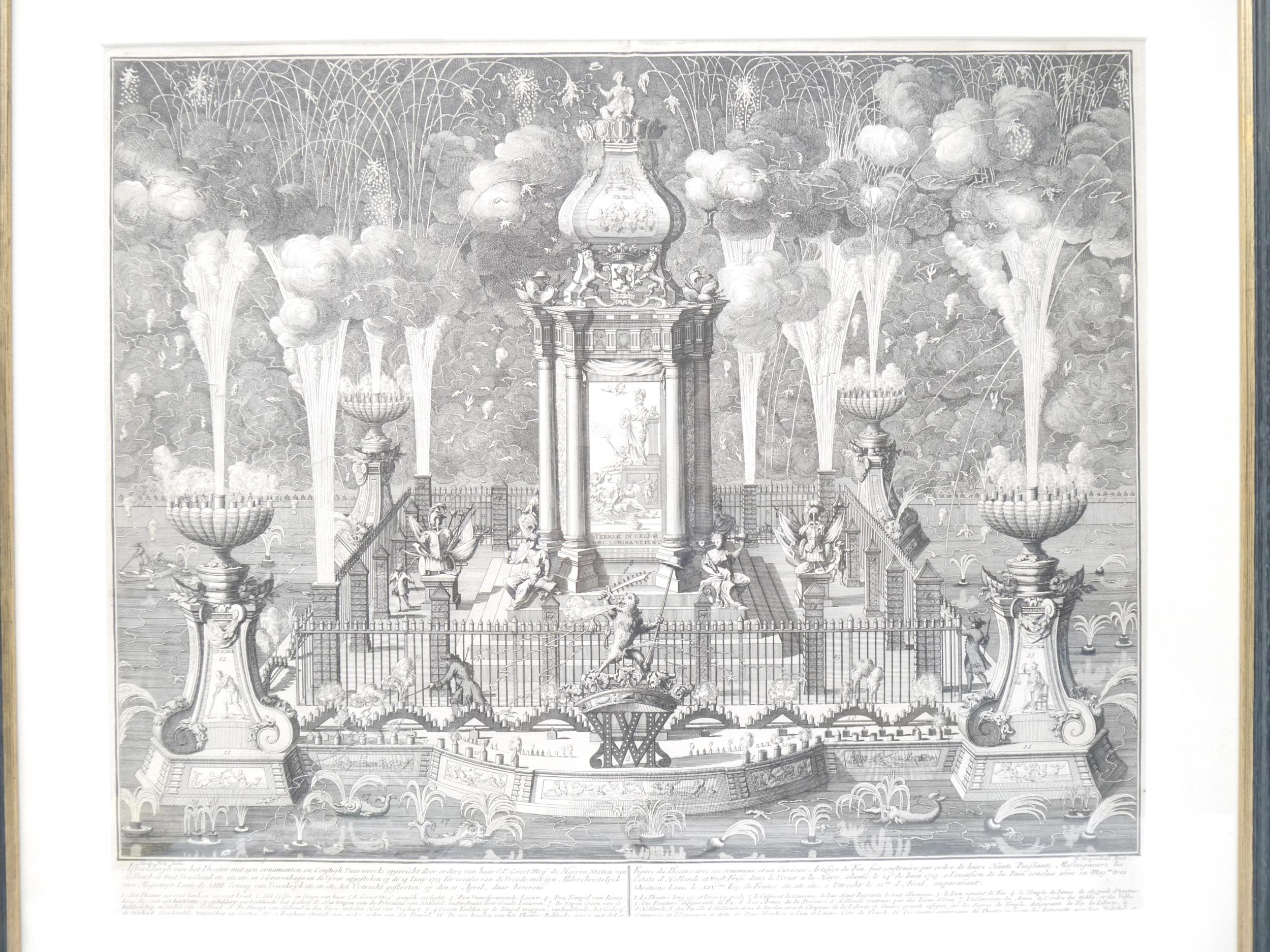 (Fireworks, Pyrotechnics.) Four C17th & C18th framed & glazed engravings depicting fireworks - Image 5 of 8