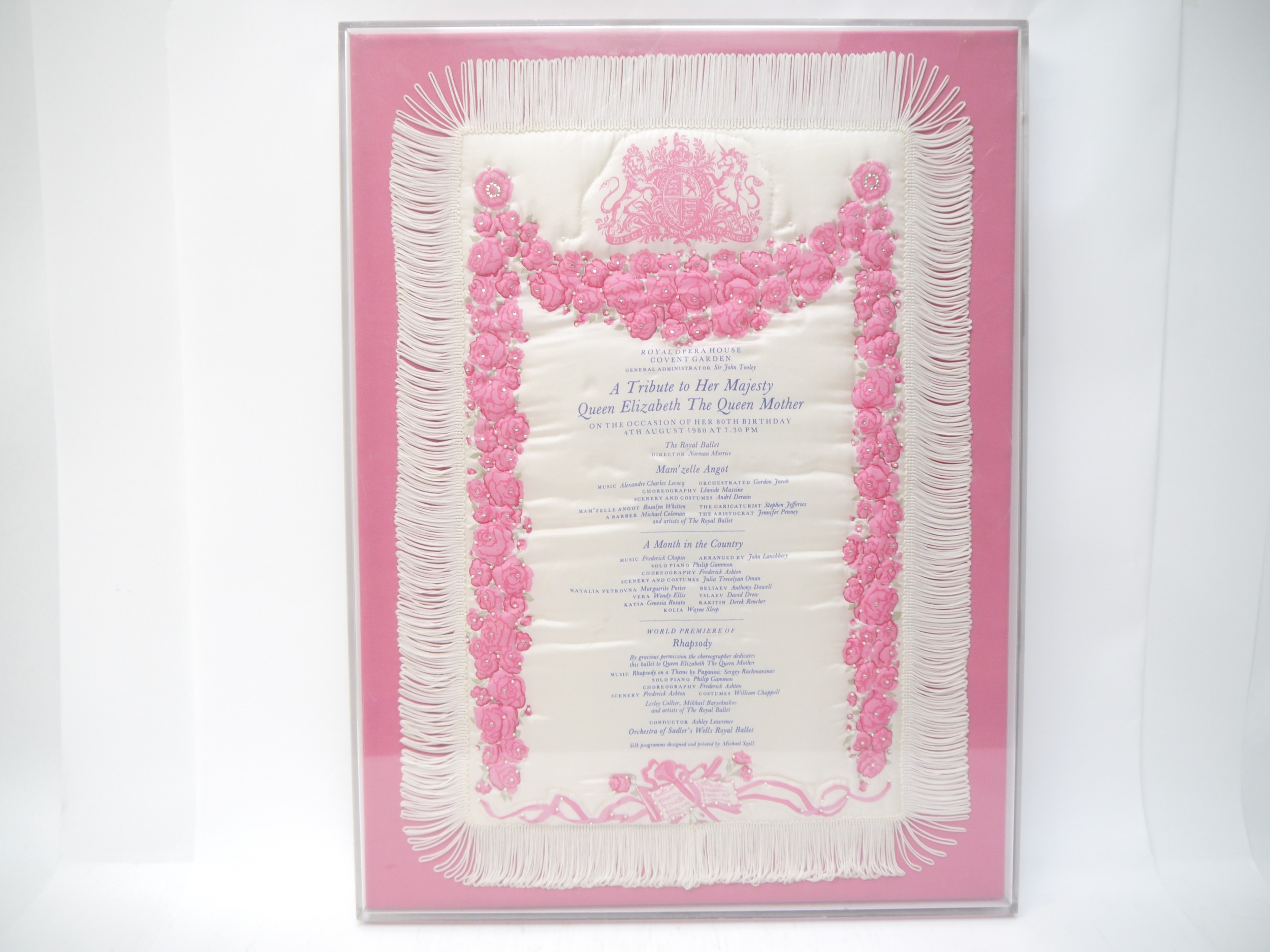 (Queen Elizabeth The Queen Mother.) A commemorative silk souvenir programme, Royal Opera House,