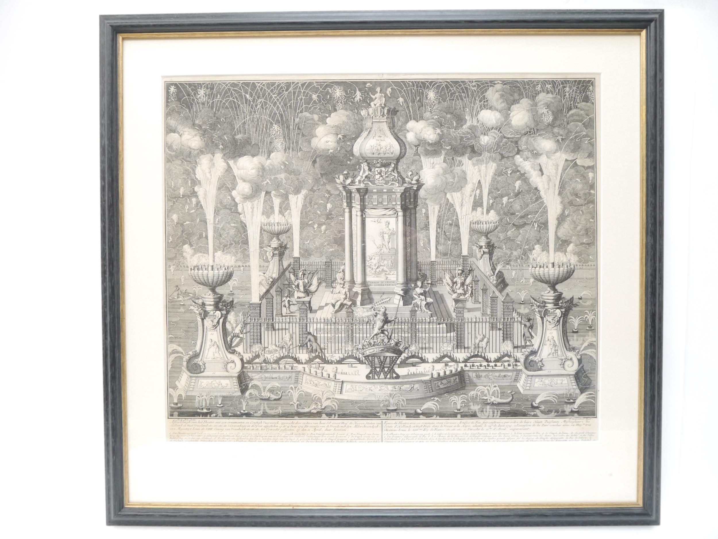 (Fireworks, Pyrotechnics.) Four C17th & C18th framed & glazed engravings depicting fireworks - Image 6 of 8