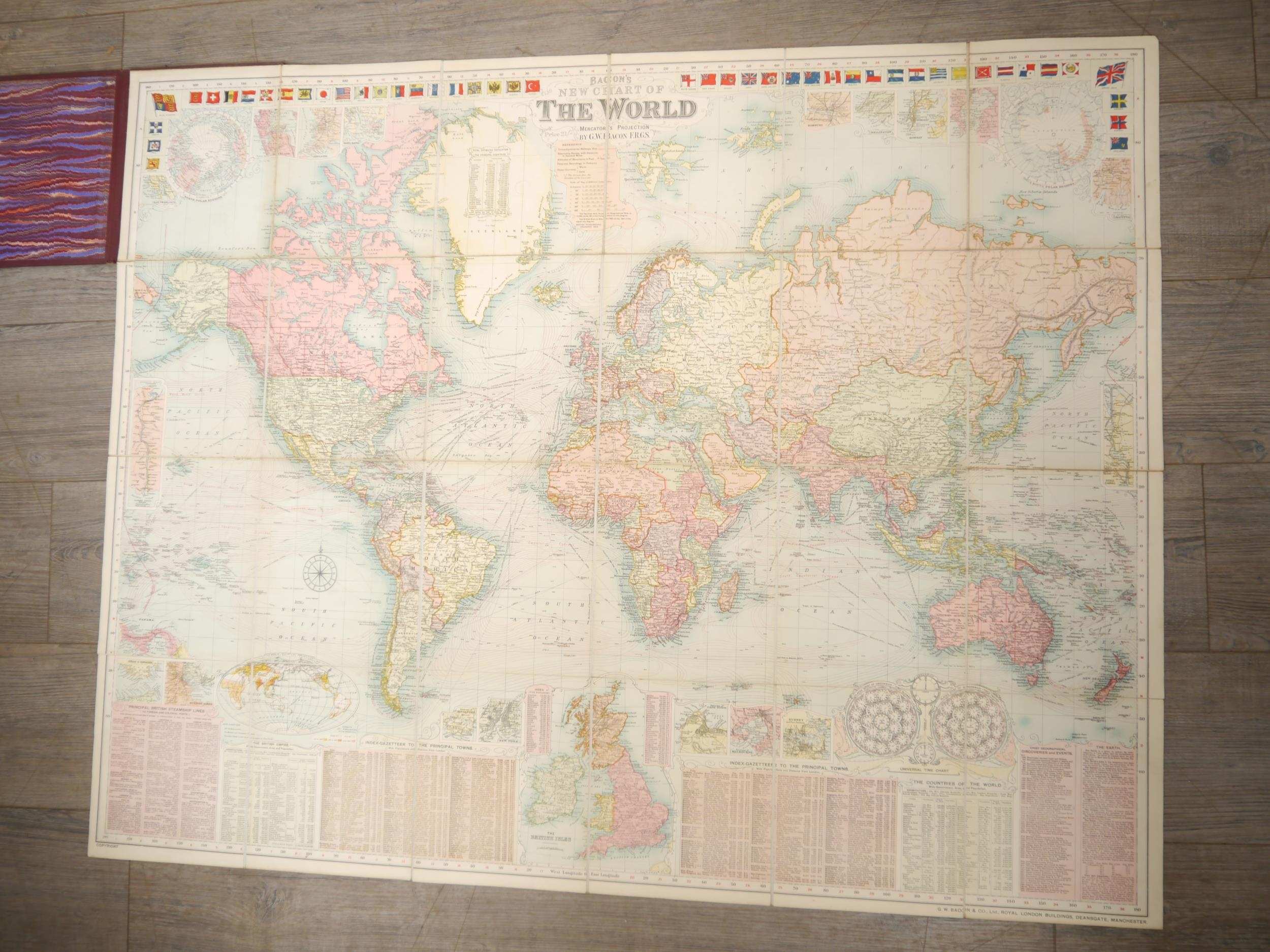 G.W. Bacon: 'Bacons New Chart of the World on Mercator's Projection', Manchester, Royal London - Image 2 of 2