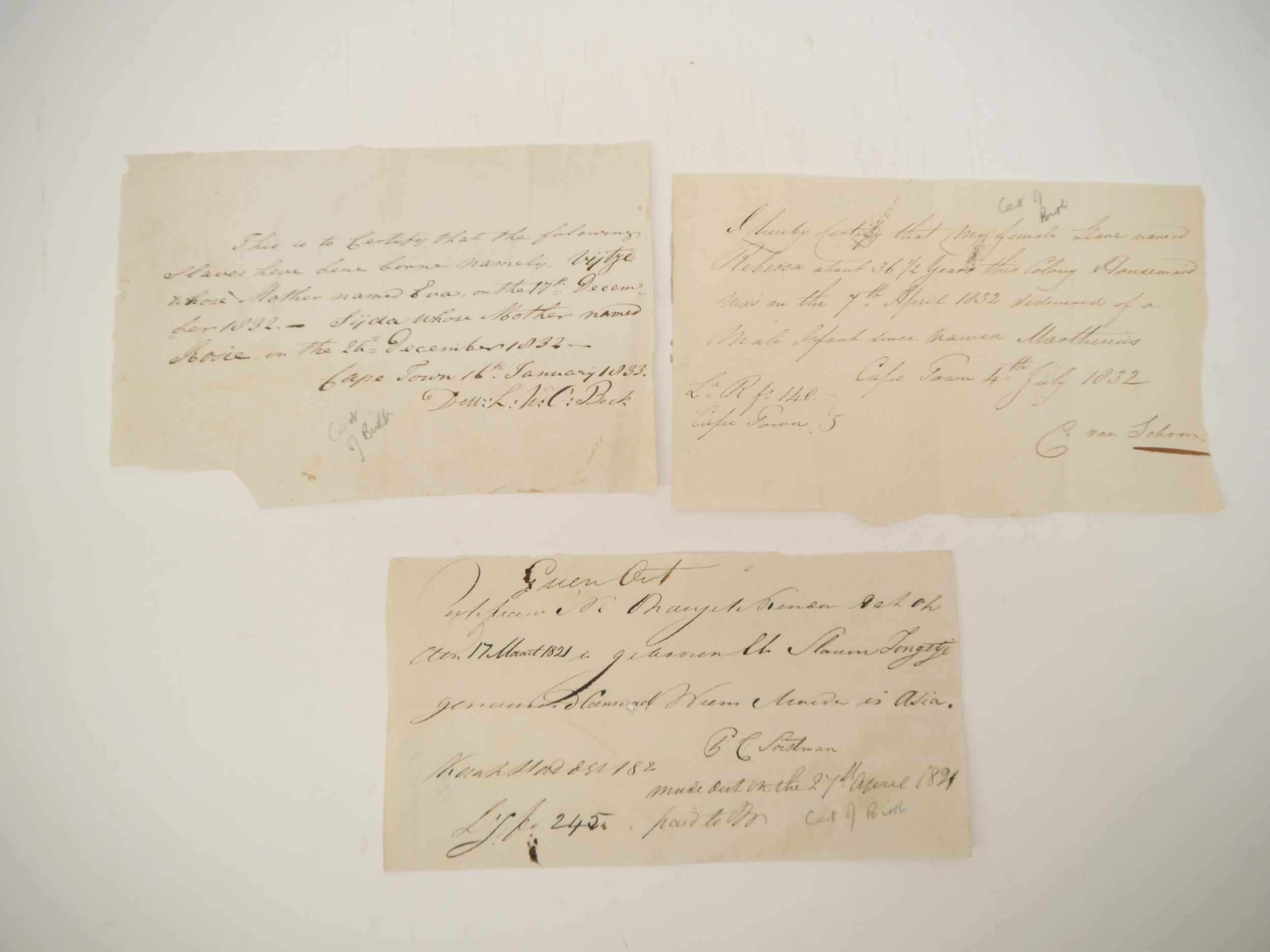 Three handwritten certificates of birth for slaves, all Cape Town, 1820's-30's, comprising