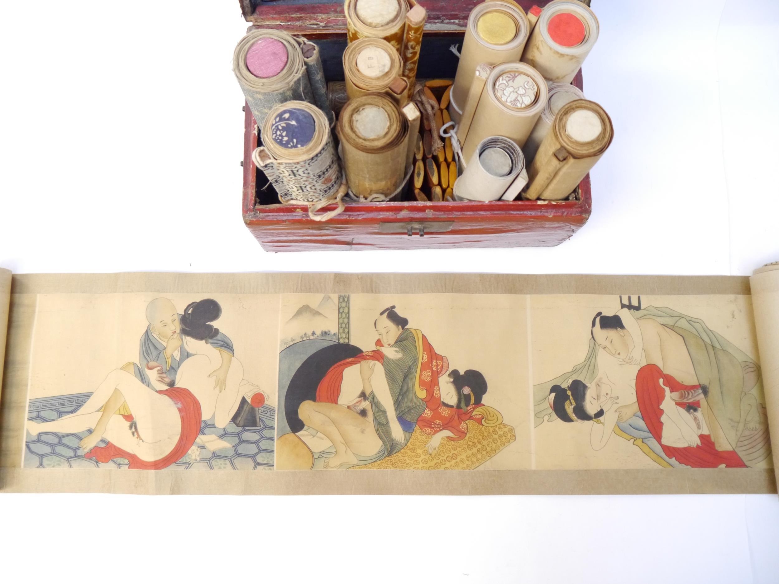 (Shunga Emaki, Japanese Erotic Hand Scrolls.) Twelve circa late C19th/C20th Shunga Erotic scrolls, - Image 7 of 16