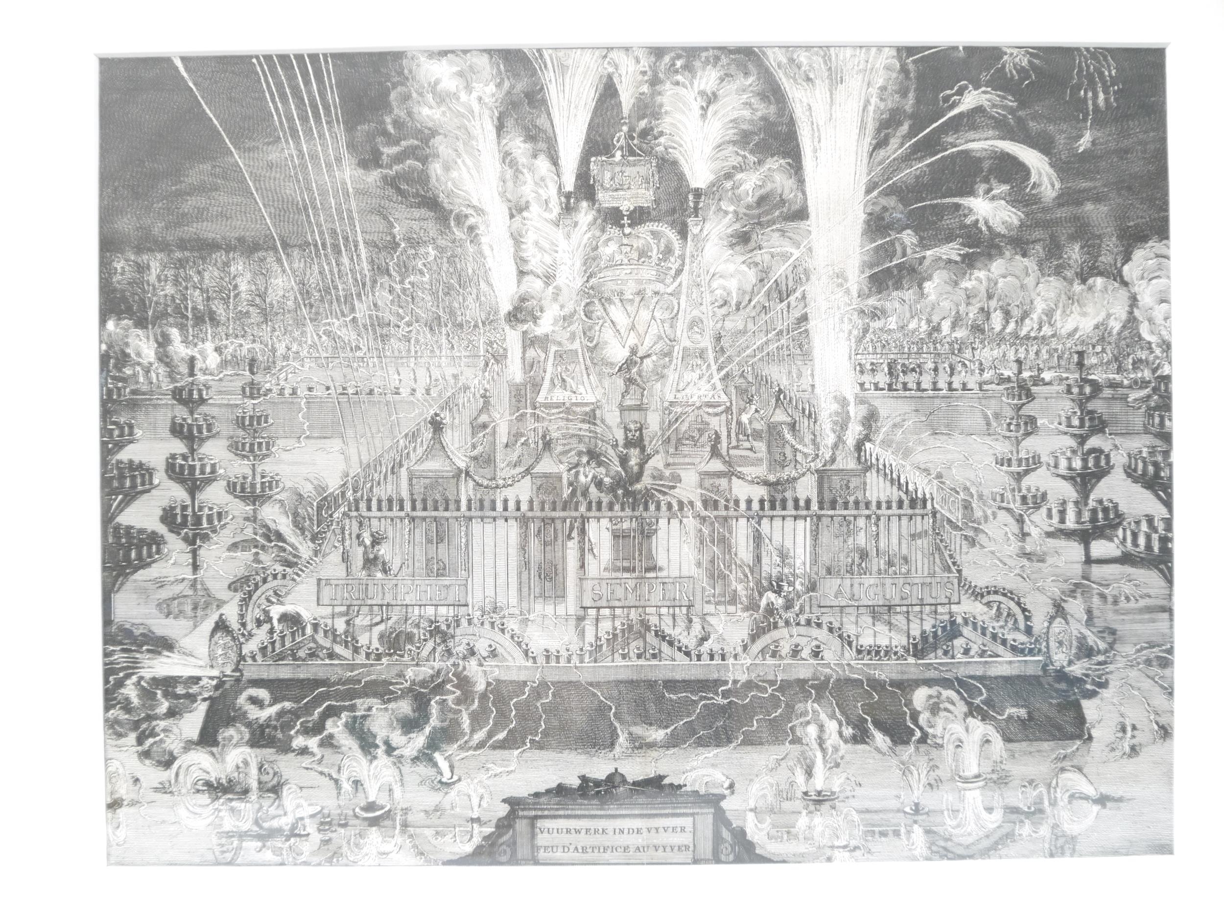 (Fireworks, Pyrotechnics.) Four C17th & C18th framed & glazed engravings depicting fireworks - Image 2 of 8