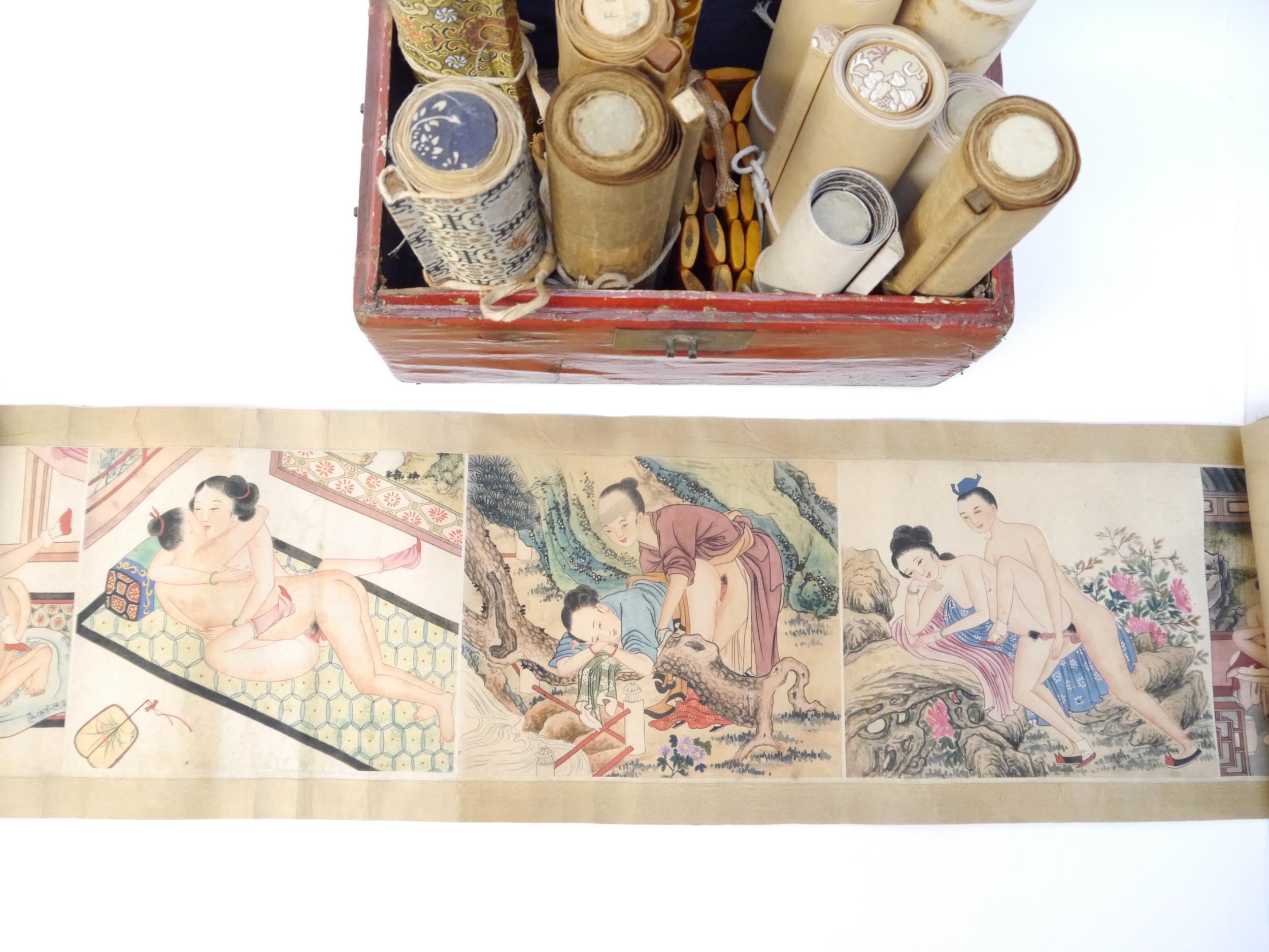 (Shunga Emaki, Japanese Erotic Hand Scrolls.) Twelve circa late C19th/C20th Shunga Erotic scrolls, - Image 3 of 16