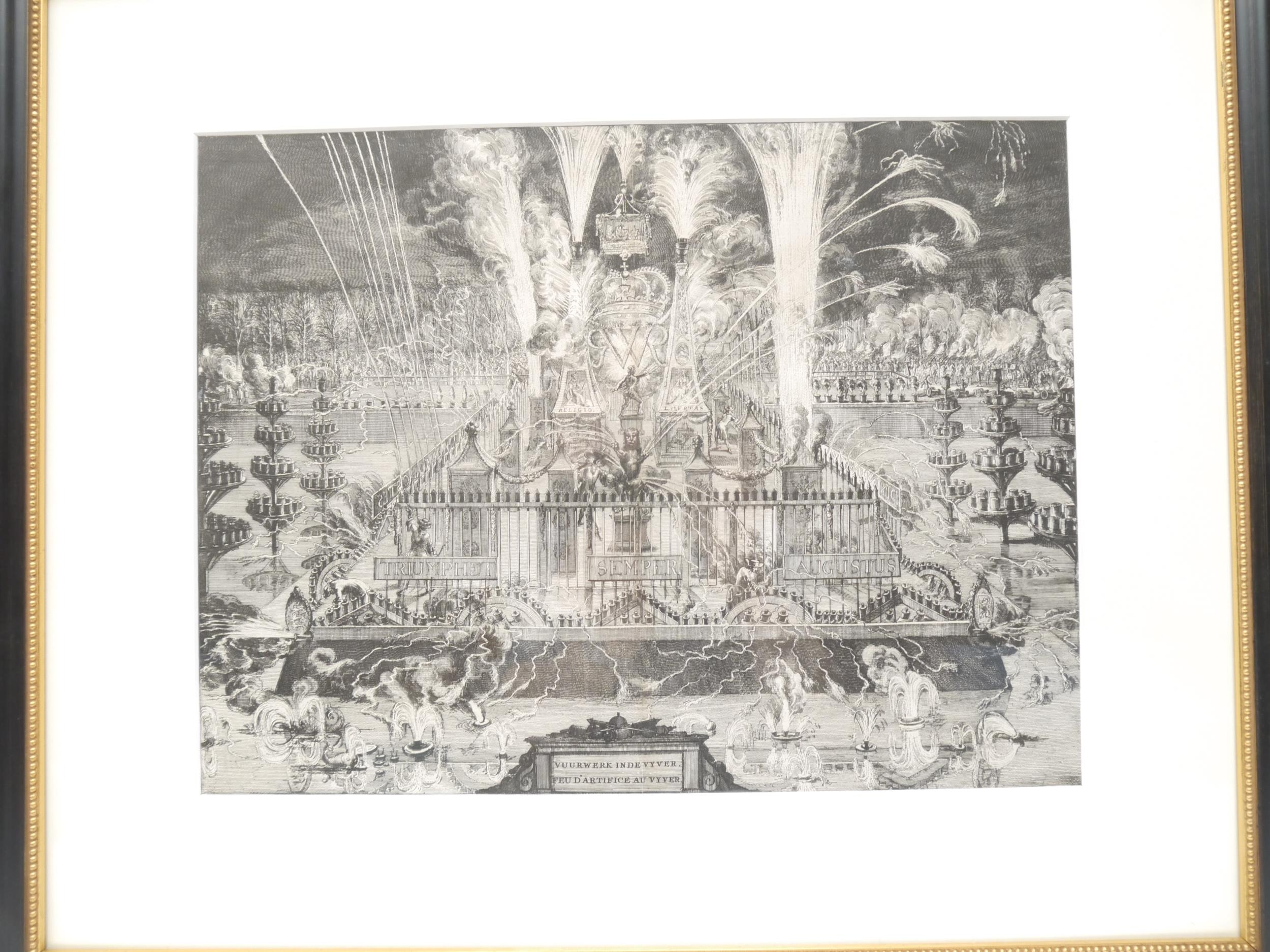 (Fireworks, Pyrotechnics.) Four C17th & C18th framed & glazed engravings depicting fireworks