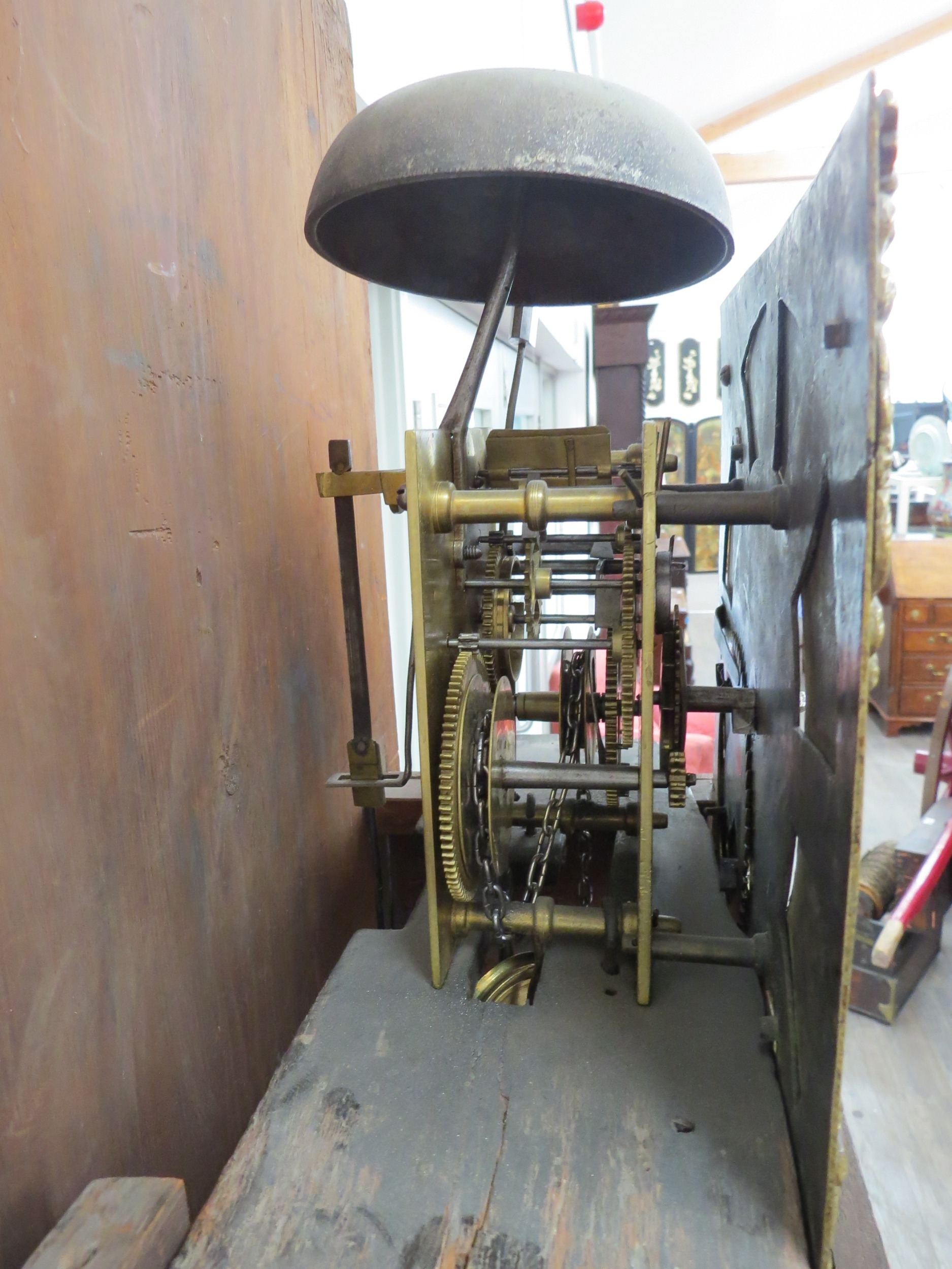 A late 18th Century oak long case clock, with brass square face and black roman numerals to the - Image 5 of 5