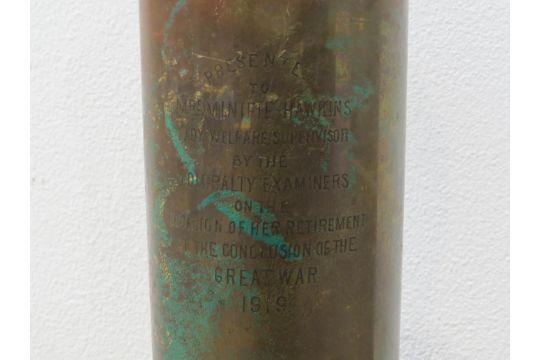 A WWI 1918 dated 12pr shell case engraved "Presented to Mrs Mintfie Hawkins Lady Welfare - Image 5 of 6