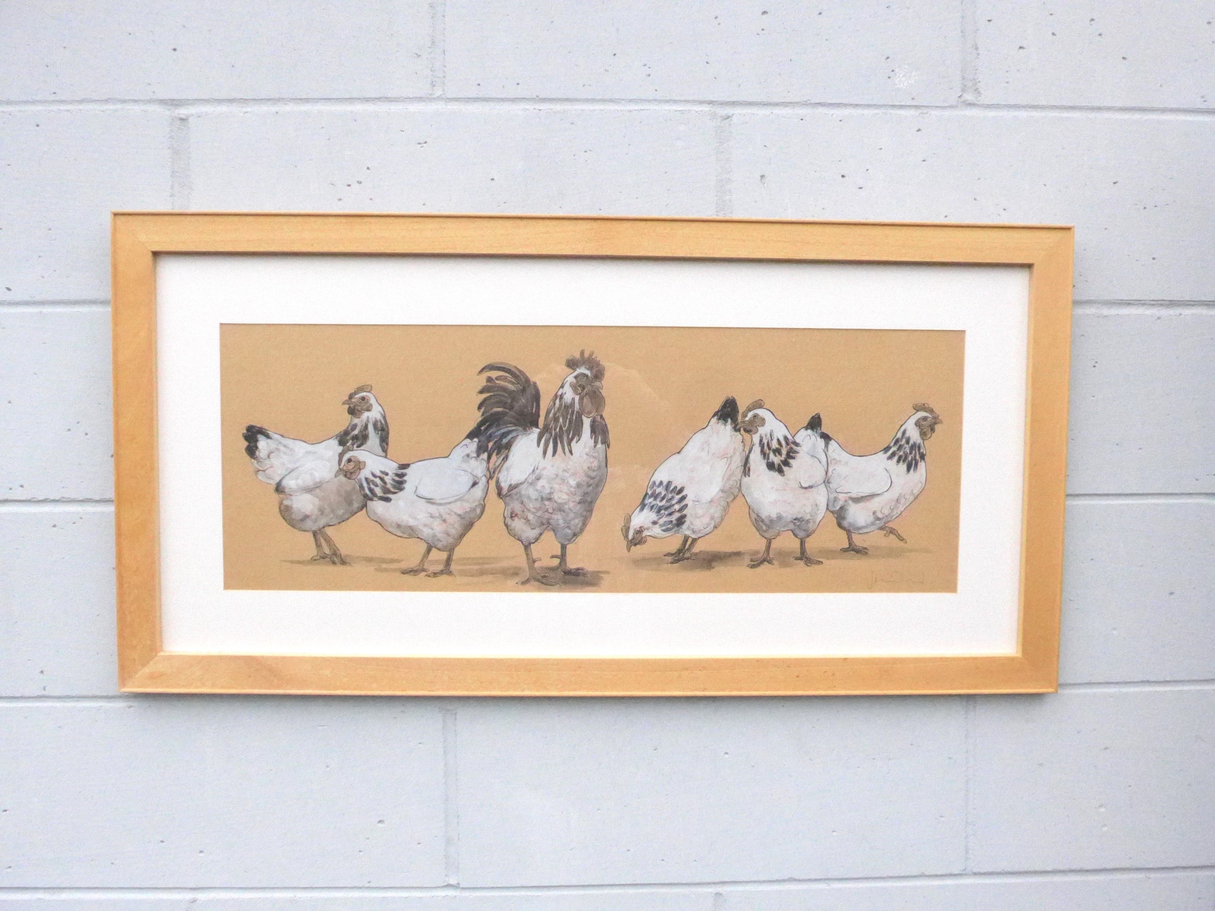 HARRIET MEAD (b.1969) A framed and glazed ink and wash of chickens. Signed. Image size 30cm x 83.