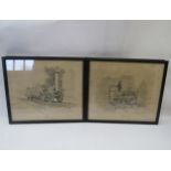 A set of four prints depicting steam locomotives including 'Lion' and 'Rocket', glass a/f, 35 x