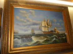 A gilt framed oil on canvas painting of a battleship ship, frame 120 x 86 cm, image 90 x 60 cm,