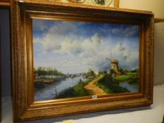 A gilt framed oil on canvas rural scene with windmill, frame 117 x 86 cm, image 89 x 59 cm, COLLECT