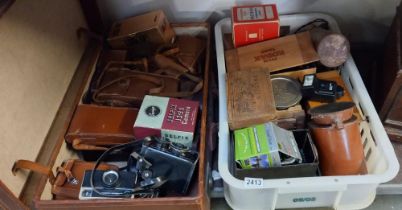 A case & box of cameras including dark room lamp etc.