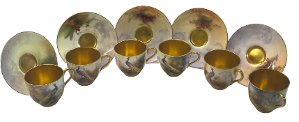 A set of 6 Royal Worcester hand-painted cabinet cups and saucers with Peacock designs
