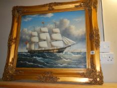 A gilt framed oil on canvas of a sailing ship, Frame 82 x 71 cm, image 60 x 50 cm, COLLECT ONLY.