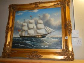 A gilt framed oil on canvas of a sailing ship, Frame 82 x 71 cm, image 60 x 50 cm, COLLECT ONLY.