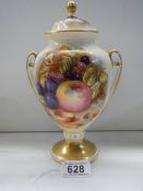 An Aynsley Orchard Gold lidded urn with two gold handles, signed D Jones, in excellent condition,