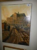 A French oil on canvas of a large building, COLLECT ONLY.