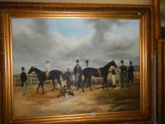 A large oil on canvas study of a race meeting, frame 148 x 118 cm, imaGe 121 x 90 cm, COLLECT ONLY