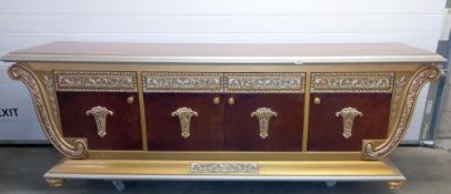 A large ornate gilded & walnut veneered sideboard. 288cm x 56cm x 79cm high COLLECT ONLY