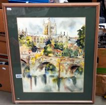 A framed and glazed watercolour of Hereford Cathederal by Fiona Field COLLECT ONLY