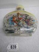 Two large Chinese inside painted moonflask glass table snuff bottles: 1 with a bridge/harbour scene