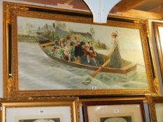 A painting on canvas depicting children on a punt, COLLECT ONLY.