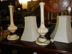 A pair of marble table lamps with shades, fixings a/f, COLLECT ONLY.