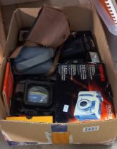 A box of vintage cameras including Polaroid, Soho pilot, Toshiba etc