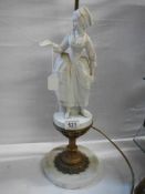 An early 20th century table lamp featuring a parian figure, height to top of shade holder 90 cm,