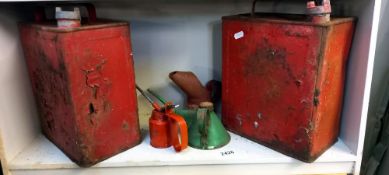2 vintage 2 gallon petrol cans with plain sides and caps plus 3 oil cans including Esso two stroke