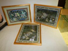 . Three mounted and framed Indian silk paintings depicting tiger hunting scenes. Each 30cm x 23cm
