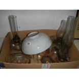 A box of old glass lamp parts, shades, chimneys etc., COLLECT ONLY.