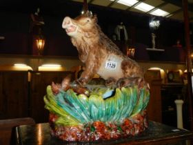 A large majolica bulb bowl featuring a boar. COLLECT ONLY.