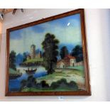 A reverse painting on glass, Naif Church/lane scene COLLECT ONLY