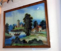A reverse painting on glass, Naif Church/lane scene COLLECT ONLY