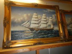 A gilt framed oil on canvas painting of a tall ship, unsigned (frame a/f) frame 110 x 81 cm,