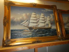 A gilt framed oil on canvas painting of a tall ship, unsigned (frame a/f) frame 110 x 81 cm,